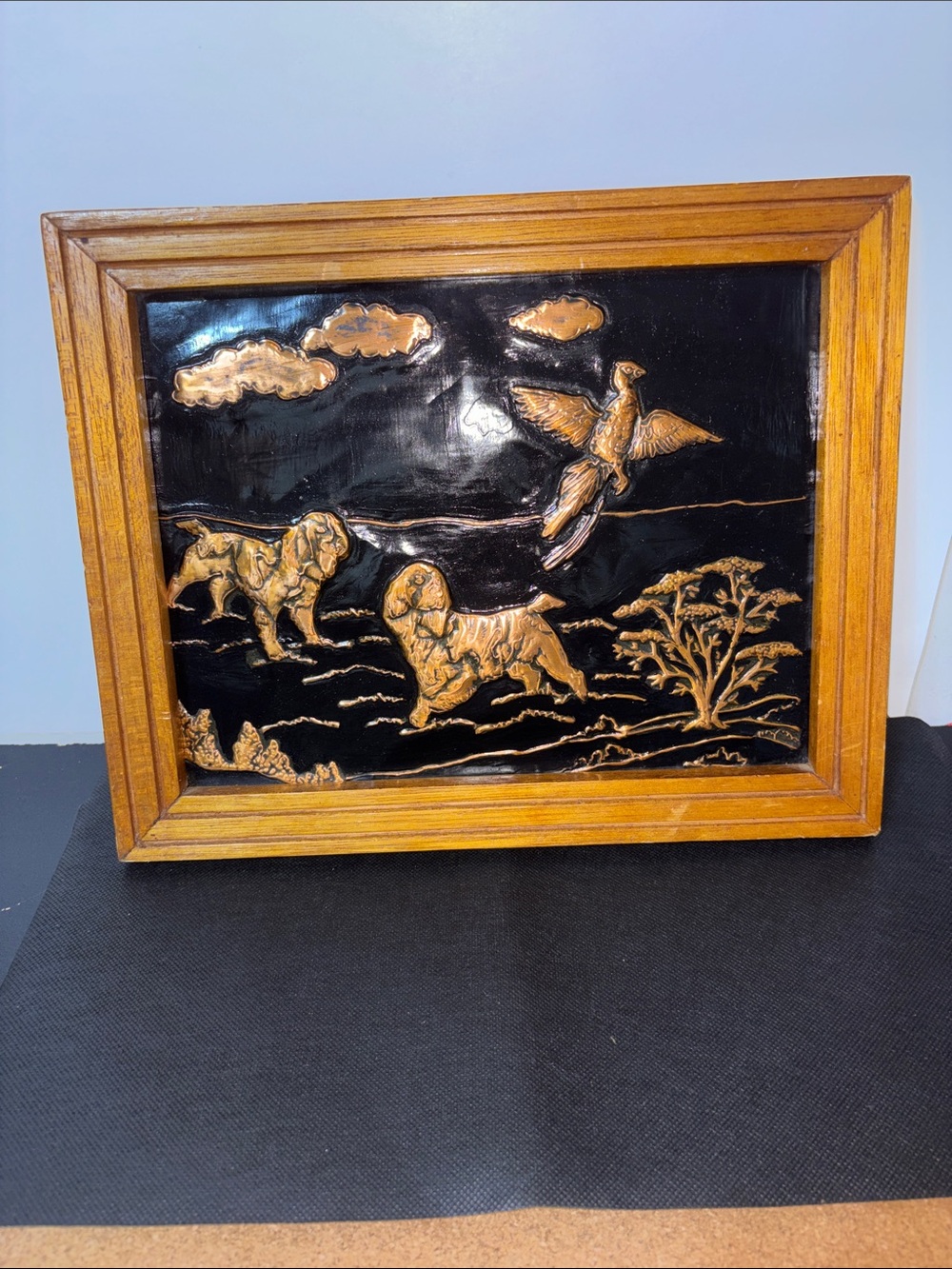 💐3/$15 Framed Vintage Hunting Scene Relief Plaque - Black Gold 13x10.5”